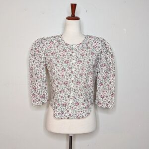 Vintage 90s Ashly Brent Pink Floral‎ Prairie Puff Sleeve Button Down Top Size S